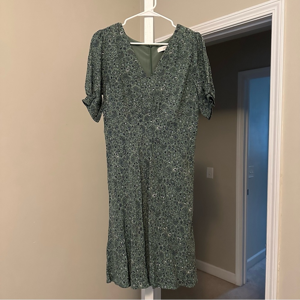 LOFT Green Patterned Midi Dress